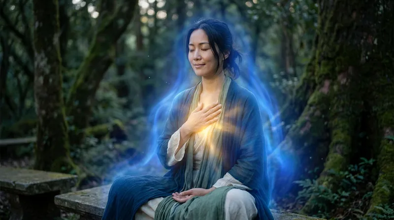 女性が自分の胸に手を当て、内側から溢れ出す黄金の光を感じている。その光が大天使ミカエルの青いオーラと混ざり合い、全身を包み込んでいる